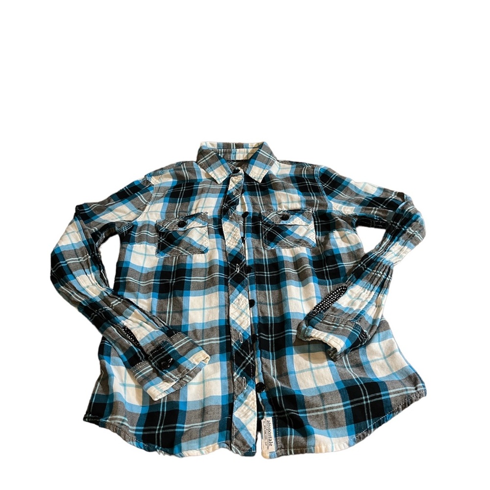 Blue, White, Black, and Gray Aeropostale Long Sleeve Plaid Shirt